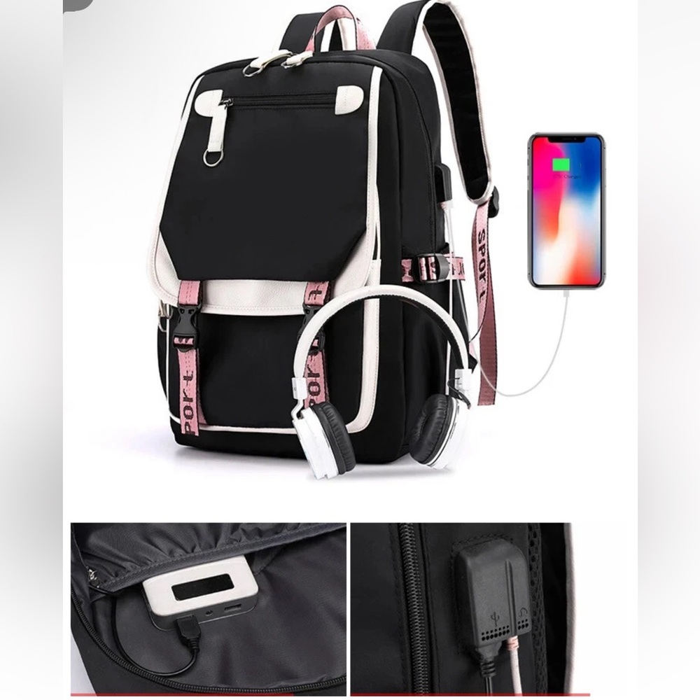My Melody Backpack USB Charge Laptop Backpack Rucksack Travel Bag w Plush Charms - Picture 10 of 17